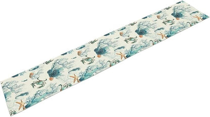 Nautical Coast Table Flag, Ocean Beach Seahorse Shell, Vintage Sailboat Lighthouse Anchor Table Decoration for Indoor and Outdoor Home Party Decor 13x70 Inch