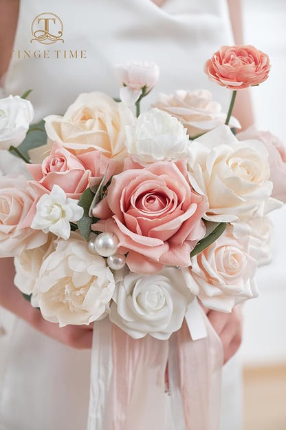 TINGE TIME 9 inch Bridal Bouquets for Bride, Artificial Silk Flowers Tossing Bouquet, Bride Bouquets for Wedding, Ceremony, Anniversary (Champange&Pink)