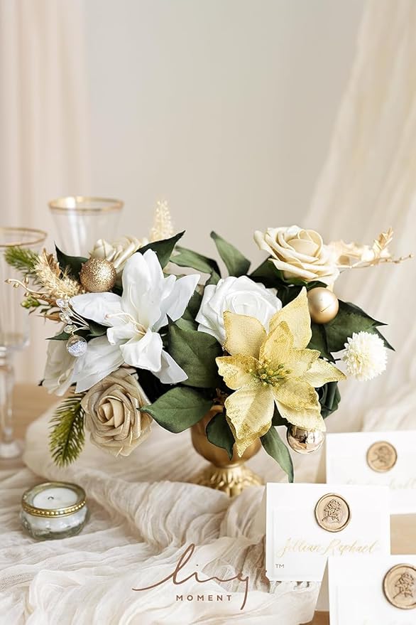 Ling's moment Artificial Flowers 25Pcs Champagne Gold Roses Decor w/Stems, 3" Real Touch DIY Foam Floral for Wedding Bouquet/Centerpieces, Outdoors Party Backdrop, Room/Table, Christmas Decor