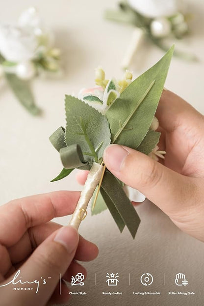 Ling's moment Boutonniere for Men, 6pcs Groom Groomsmen Boutonniere, Artificial Flowers for Wedding Decor/Prom/Homecoming, etc.White Ranunculus Pearl