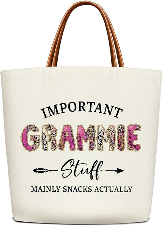 Canvas Tote Bag for Women, Important Stuff Bag with Leather Handle, Reusable Grocery Bags for Shopping Beach Travel