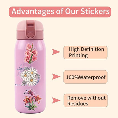 60 Pcs Watercolor Flower Sticker, Self-Adhesive Flowers Stickers Transparent Waterproof PET Floral Decals for Journaling, Scrapbooking, Laptop, Guitar, Water Bottle, Phone Case Aesthetic Decoration