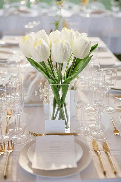 Briful Fake Flowers Artificial Tulip Flower White in Clear Vase, Real Touch Foam Tulip Arrangement Suitable for Home Office Decoration, Dining Table Centerpiece