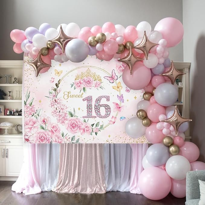 Mocsicka 7x5ft Sweet 16 Backdrop Sweet 16 Banner Decorations for Girls Birthday Party Pink Floral Gold Dots Sweet 16 Background Sweet Sixteen Decorations Photo Booth Props