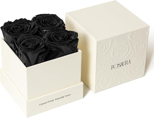 Rosaura 4-Piece Eternal Preserved Roses & Flowers Gift Box - Forever Lasting Real Roses, Preserved Flowers for Valentine's Day Black
