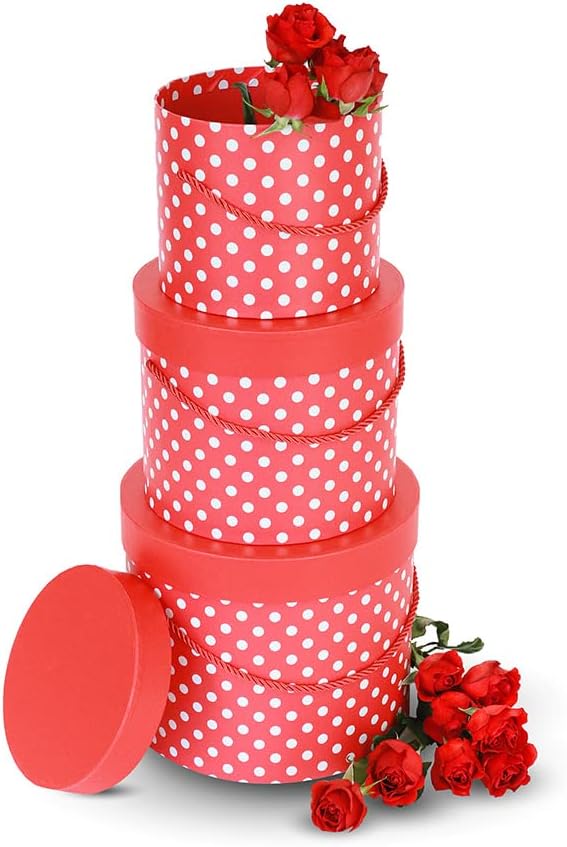 UNIKPACKAGING Premium Quality Round Flower Box, Gift Boxes for Luxury Flower and Gift Arrangements, Set of 3 pcs, (Red White Dots)