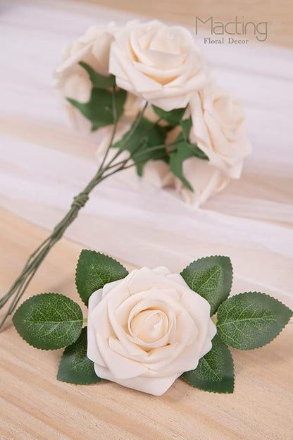 MACTING Artificial Flower Roses 30PCS Real Touch Fake Flowers with Stem Foam Roses for DIY Wedding Bouquet Table Centerpieces Bridal Shower Party Home Spring Valentines Day Decorations (Cream)