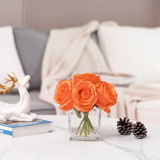 Silk Rose Artificial Flowers in Vase, Faux Floral Arrangement with Fake Water in Vase for Home Decor, Wedding Table (Orange)