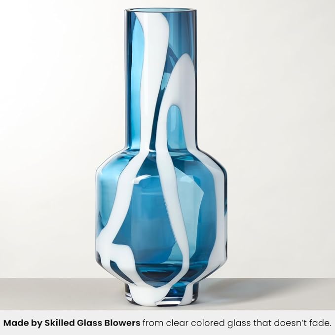 Torre & Tagus Mouth Blown Blue Art Glass Vase with White Swirls - 12" Tall Decorative Vase for Modern or Coastal Home Decor, Living Room, or Bedroom