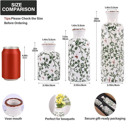 Green Chinoiserie Ceramic Vase Set of 3 – Vintage Green Floral Vases, Decorative Porcelain Vase Set for Flowers, Rustic Farmhouse & Cottage Core Home Decor, Living Room, Shelf & Table Centerpieces