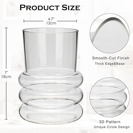 Clear Glass Flower Vase, 7" x 4.7" Thickened Hydroponic Flower Vase Transparent Modern Geometric Glass Vase for Home Living Room Wedding Centerpieces Office Table Decor