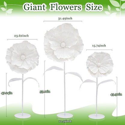 White Giant Flowers with Stand - 3 Metal Base Giant Paper Flower Flexible Big Flowers Decor for Birthday Party Baby Show Wedding Art Exhibition