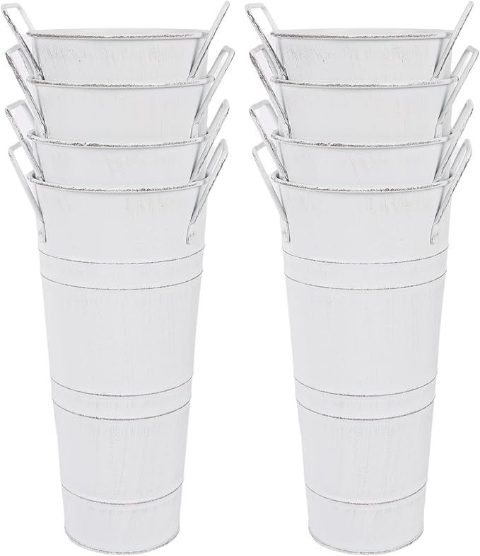 Set of 8 Small Galvanized Metal Vases for Flowers,Small Galvanized Flower Bucket,Metal Flower Vase with Handles for Home Decor and Wedding Table Centerpiece Decorations (White,10'' Height)