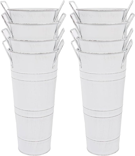 Set of 8 Small Galvanized Metal Vases for Flowers,Small Galvanized Flower Bucket,Metal Flower Vase with Handles for Home Decor and Wedding Table Centerpiece Decorations (White,10'' Height)