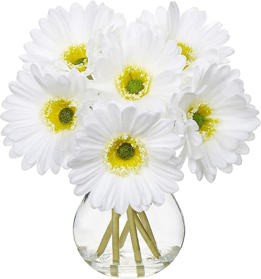 Briful Gerbera Daisy Artificial Flowers, Fake Daisy Flowers in Glass Vase with Faux Water,Real Touch Silk Faux Flowers with Stems for Home Bookshelf Tabletop Bathroom Decorations,White