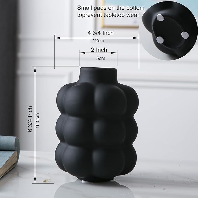 Black Ceramic Vase - Small Spherical Flower Vase for Centerpiece, Three Floors Design for Modern Home Decor, Boho Decorative Vase - 6.7" Tall
