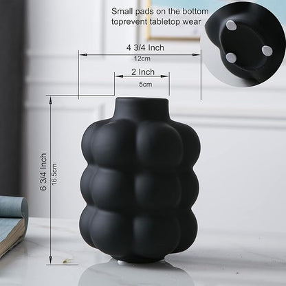 Black Ceramic Vase - Small Spherical Flower Vase for Centerpiece, Three Floors Design for Modern Home Decor, Boho Decorative Vase - 6.7" Tall
