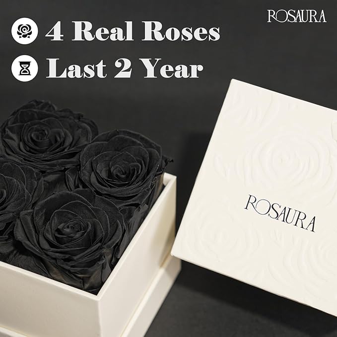 Rosaura 4-Piece Eternal Preserved Roses & Flowers Gift Box - Forever Lasting Real Roses, Preserved Flowers for Valentine's Day Black