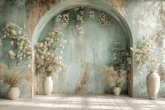 7x5ft Countryside White Flower Backdrop Vintage Medieval Building Concrete Wall Background for Wedding Valentines Day Mother-to-be Bridal Shower Birthday Princess Couples Women Portrait