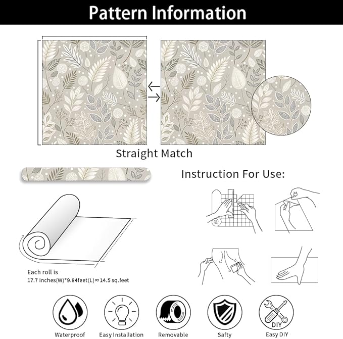 Gray Leaf Peel and Stick Wallpaper Grey White Floral Contact Paper Easy Peel Off Self-Adhesive Removable Stick on Wall Paper for Kitchen Cabinet Drawer 17.71" X 236.2"