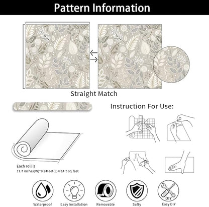 Gray Leaf Peel and Stick Wallpaper Grey White Floral Contact Paper Easy Peel Off Self-Adhesive Removable Stick on Wall Paper for Kitchen Cabinet Drawer 17.71" X 236.2"