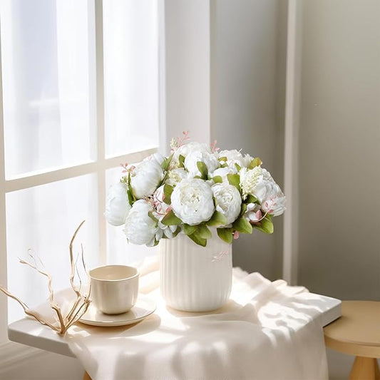 Mkono Peonies Artificial Flowers, 2 Packs 13 Stems Faux Peony Flowers Real Touch Fake Silk Bouquet for Arrangements Dining Table Centerpieces for Kitchen Bridal Wedding Party (2, White)