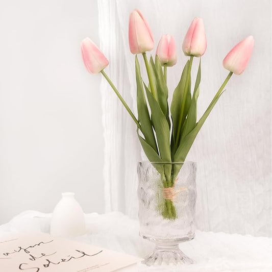 18in Artificial Tulip Flowers, 5 Pcs Real Touch Latex Faux Flowers Tulip with Fake Stems for Spring Bouquet Easter Wedding Floral Arrangement Home Party Office Kitchen Decor - Light Pink