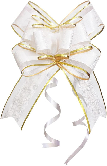 Pull Bows for Gift Wrapping, 15 PCS Large Gift Bow Bulk for Presents Package, Gift Baskets, Christmas, Wedding, and Party Decor (White with Tulle & Gold line, 6 inches)