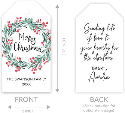Andaz Press Personalized Christmas Holiday Season Classic Gift Tags, Merry Christmas Custom Family Name and Year, Holly Wreath Design, for Holiday Events, Parties, and Favors, 60-Pack