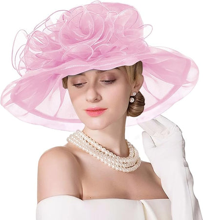 Organza Derby Hats for Women Wide Brim Fascinator Hat Rose Flower Wedding Tea Party Hat