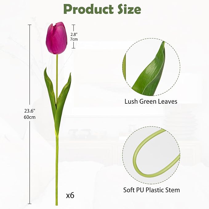 6PCS 23" Fake Tulip Flowers Artificial Fuchsia Tulips Long Stem Faux Flower, Silk Flower Décor for Floral Arrangement Home Farmhouse Wedding Decoration