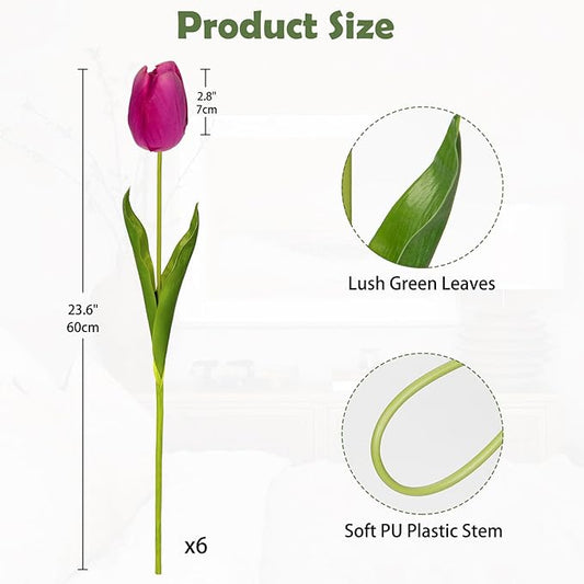 6PCS 23" Fake Tulip Flowers Artificial Fuchsia Tulips Long Stem Faux Flower, Silk Flower Décor for Floral Arrangement Home Farmhouse Wedding Decoration