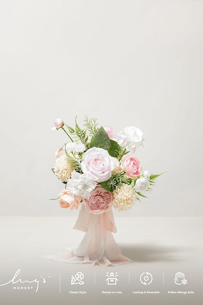 Ling's moment Wedding Artificial Flowers Package, Bridal Bouquet, Bridesmaid Bouquets, Boutonniere for Men, Rose Petals.Blush Pink