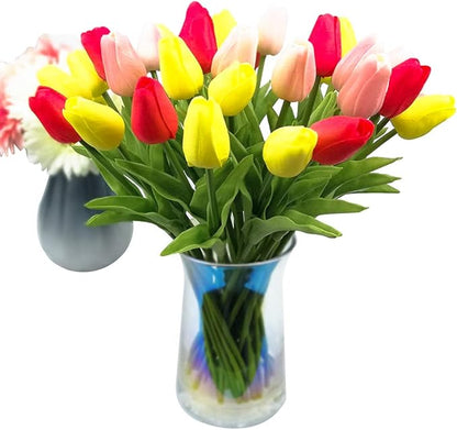 30pcs Artificial Tulips Flowers Real Touch Multicolored Tulips Fake Holland PU Tulip Bouquet Latex Flowers for Wedding Party Office Home Kitchen Decoration (Pink Yellow Red)