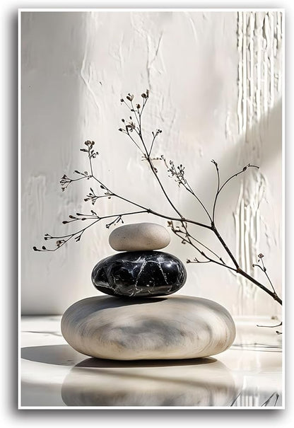 Gray and black stone pile and dried flowers poster canvas wall art in harmony Minimalist wall art for tranquil homes and mindful spaces 16x24in Frameless