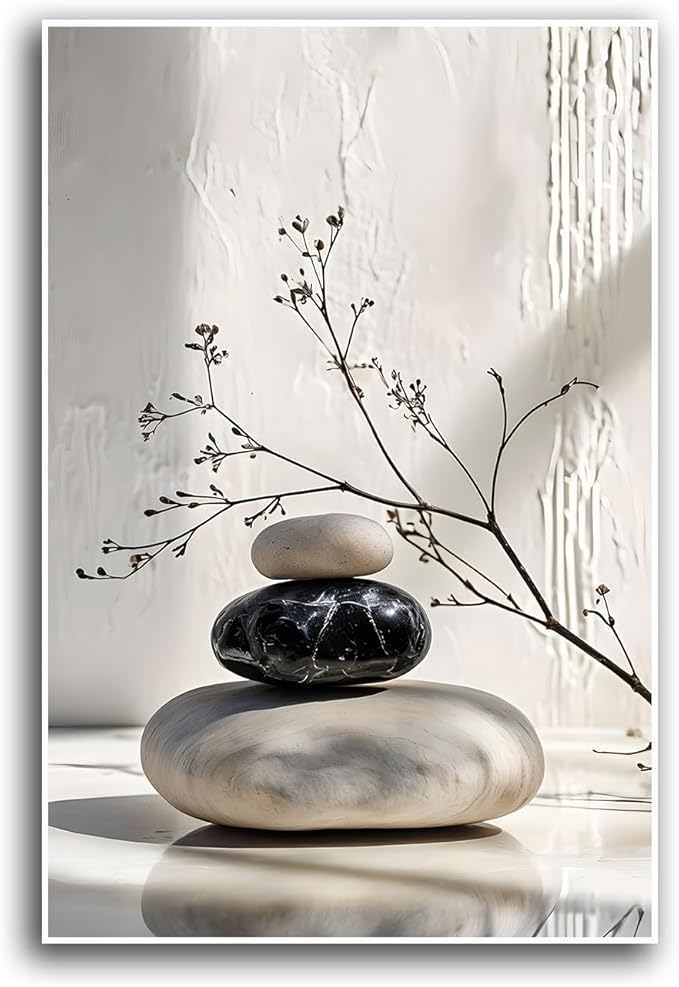 Gray and black stone pile and dried flowers poster canvas wall art in harmony Minimalist wall art for tranquil homes and mindful spaces 8x12in Frameless