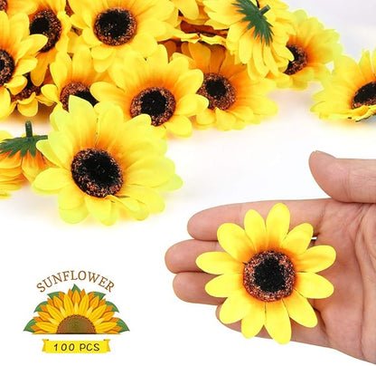 Mocoosy 100 Pcs Sunflowers Artificial Flower Heads, 2.8 Inch Fake Sunflowers Bulk, Yellow Silk Sun Flower Head Decorations DIY Floral Crafts Wedding Arrangement Baby Shower Party Home Decor