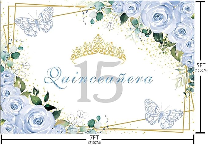SENDY 7x5ft Quinceañera Backdrop Mis Quince 15 Anos Birthday Party Decoration Supplies for Girl Princess Blue Floral Butterfly Golden Crown Photography Background Banner Photo Booth Studio Props