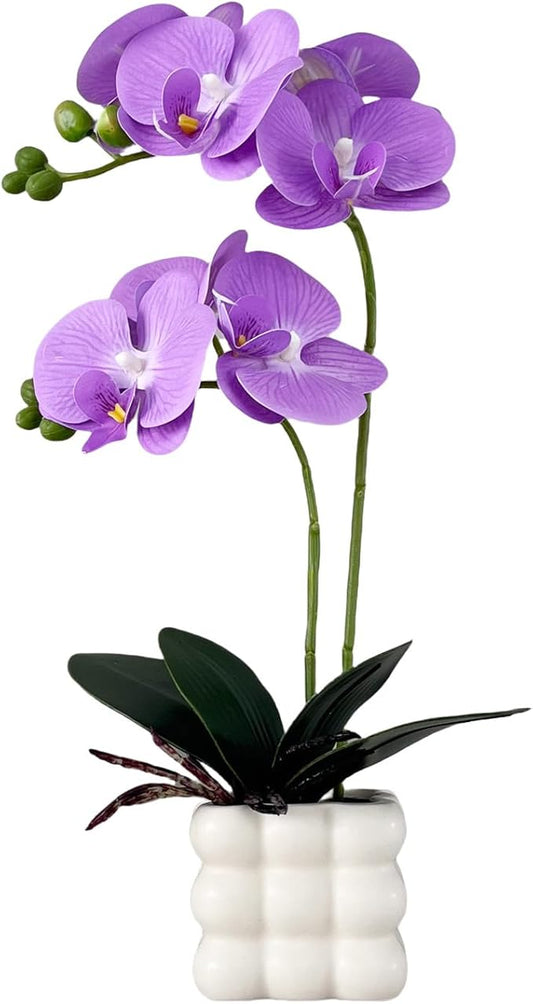 Artificial Orchid Flowers, 14 Inches Tall, Purple, Set in White Vases for Home Decor Orchid Artificial Flowers