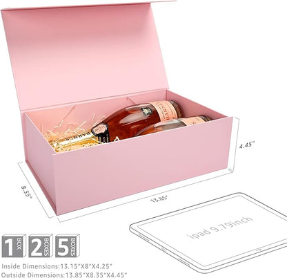 LIFELUM Gift Boxes for Presents, Extra Large Gift Box 2 Pack 13.85 x 8.35 x 4.45 inch with Magnetic Lid Pink Gift Box With Ribbon, Card, Shredded Paper Filler