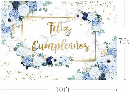 MEHOFOND 10x7ft Feliz cumpleaños Backdrop Blue and White Flowers Birthday Photography Background Girls Geometric Gold Glitter Dots Birthday Floral Party Decorations Cake Smash Decor Studio Photo Props