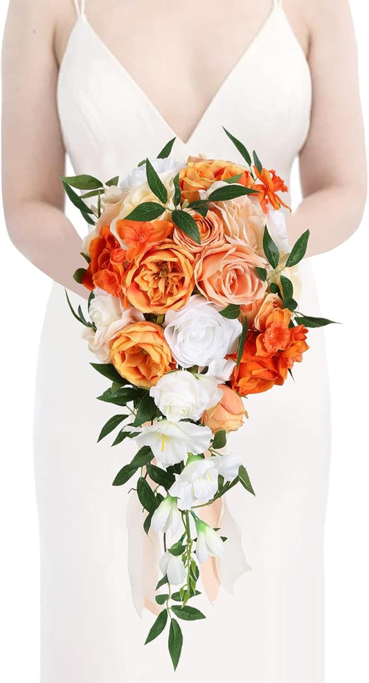 Wedding Bouquet,10 Inch Terracotta Bouquet Cascading Bridal Bouquets for Bride for Wedding Ceremony and Anniversary(Orange)