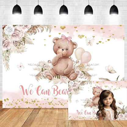 Leyiyi 5x3ft Bear Baby Shower Backdrop We Can Bearly Wait Photography Background Boho Pampas Grass Balloons Pink Floral It's a Girl Gender Reveal Party Decoration Kids Adults Portrait Photo Props