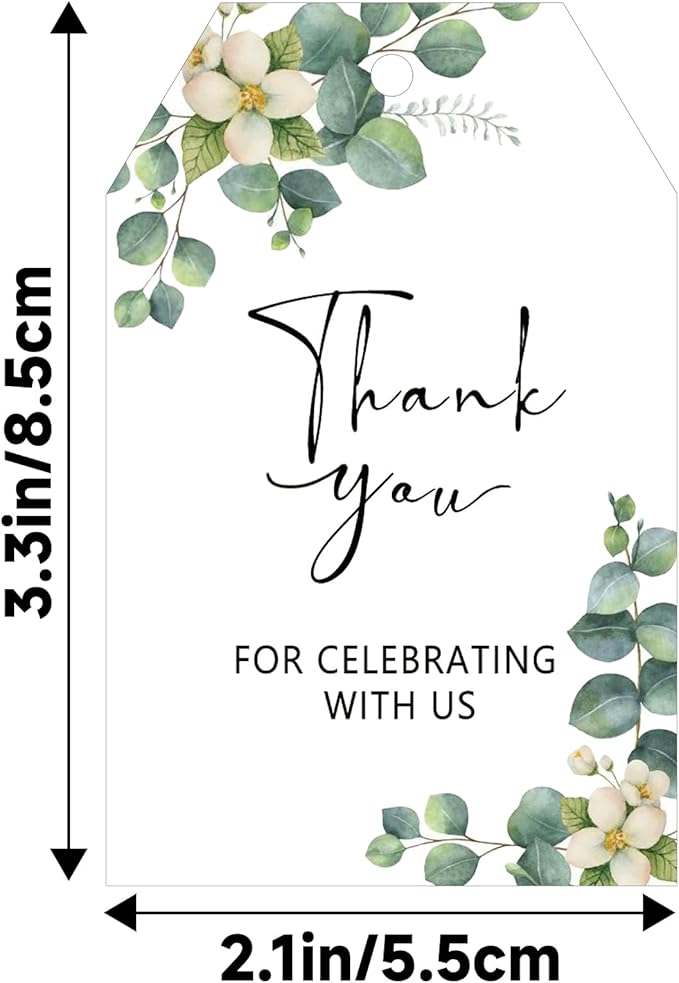 G2PLUS 50PCS Thank You Gift Tags with String, 3.3X2.2In Greenery Floral Leaves Paper Tags for Wedding Favors, Baby Shower, Bridal Shower, Party Decorations