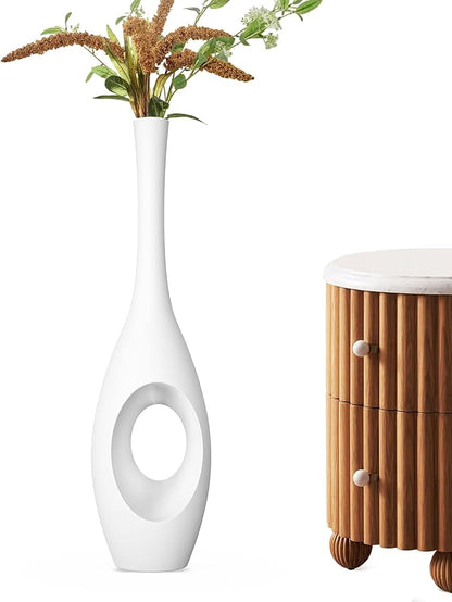23.6" White Tall Floor Vase – Donut-Shaped Oval Body with Slim 3cm Neck, Modern Tall Decorative Vases for Living Room, Entryway, Office Decor – Resin Floor Vase
