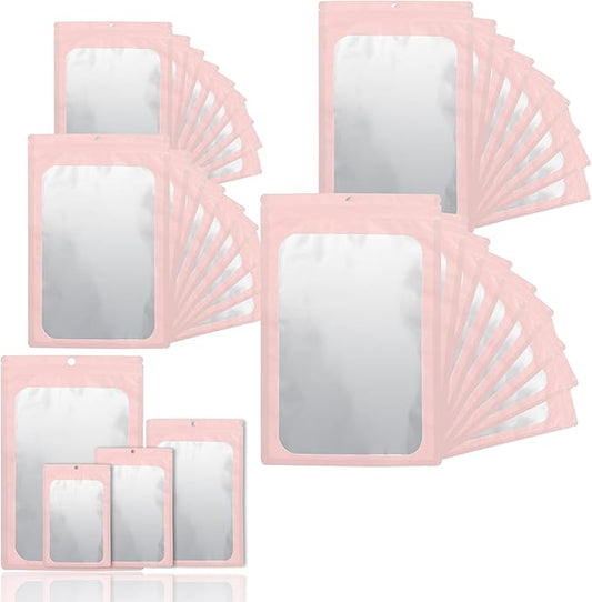 400 Pack 4 Size Bags with Clear Window,Scratch Resistant Hand Holographic Packaging Pouch,Resealable Bag for Small Bussiness Cookies Jewelry Candy Sample (Pink, 2.4×3.9,3x4.7,4×7,5.5×7.9 inch)