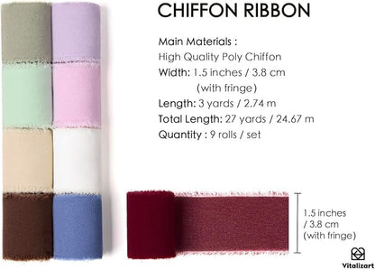 Vitalizart 9 Rolls 1.5" Chiffon Silk Ribbon Handmade Fringe Total 27 Yd Frayed Edges Ribbons for Wedding Invitations Gifts Wrapping Crafts Holiday Decor Bridal Bouquets
