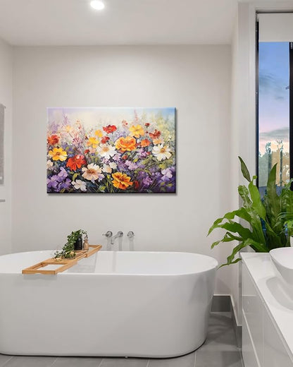 GLOKAKA Flowers Wall Art Colorful Landscape Lush Wildflowers Painting Print on Canvas Purple Yellow Floral Daisy Flower Picture for Home Bedroom Office Decor (Lush Flowers, 30"x20")