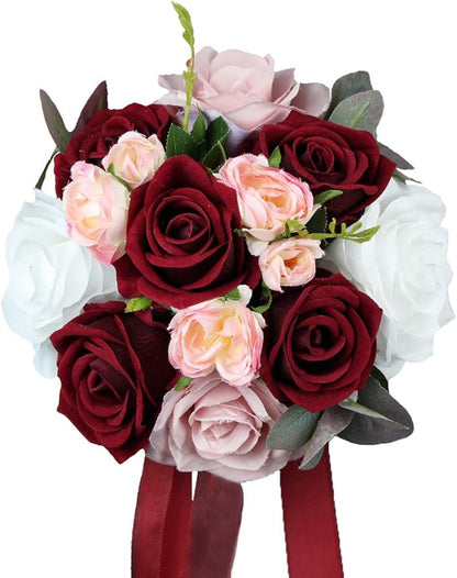 Rinlong 7" Wedding Bouquet for Bride Bridal Bridesmaid Vintage Artificial Flowers Burgundy Silk Bouquet Wedding