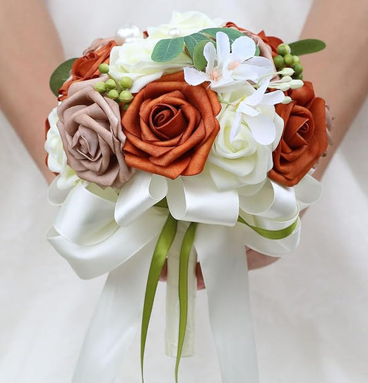 Lightweight Bridal Wedding Bouquet Round Holding Bouquet Throw Toss Artificial Rose Flower Bunch for Bride Bridesmaid Wedding Quinceanera (Cream, Coral & Rosy Brown, 6.7")